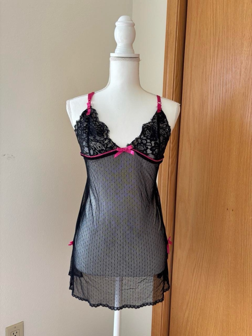 Y2K Victoria's Secret Black Lace Sheer Chemise with Pink Accents
